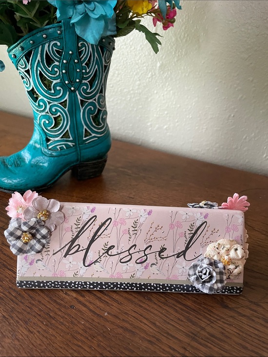 Other - Blessed Ceramic 2-Sided Plaque Embellished with Little Fabric Flowers